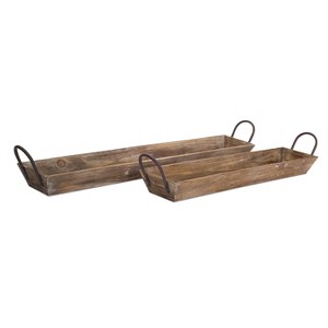 Wooden Tray Set with Handles 4.75 Inch Height for Serving and Decor Natural Finish By Melrose - 1 of 3