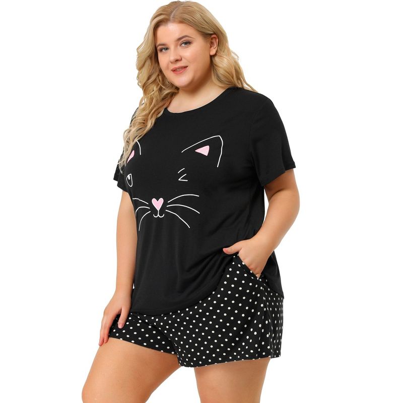 Agnes Orinda Women's Plus Size Comfort Cute Cat Print Short Sleeve Pajama Set, 4 of 7