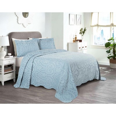 Light Blue Cotton Twin Floral Jacquard Bedspread Set