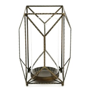 HomeRoots 12" Gold Distressed Geometric Iron And Glass Floor Hurricane Candle Holder - 1 of 4