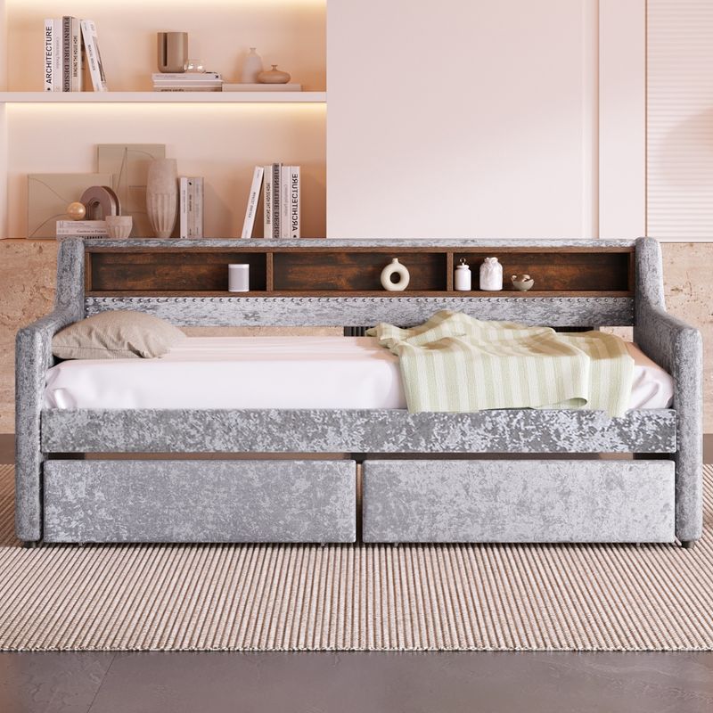 Twin Size Snowflake Velvet Daybed, Upholstered Platform Bed with Trundle/Drawers and Built-in Storage Shelves-ModernLuxe, 2 of 11