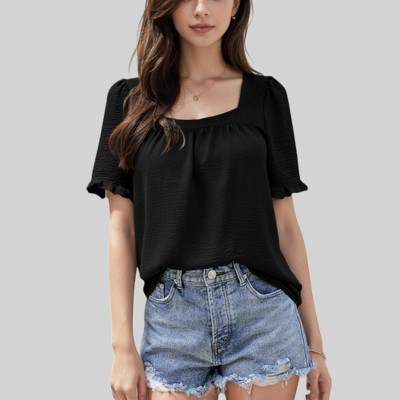 Anna-Kaci Women's Square Neck Top with Puff Short Sleeves and Ruffled Cuffs