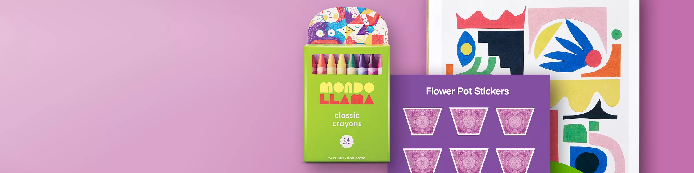 Mondo Llama classic crayons
Mondo Llama heavyweight construction papers
Flower Pot Stickers