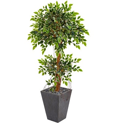 Nearly Natural 5-ft Variegated Ficus Artificial Tree in Slate Planter
