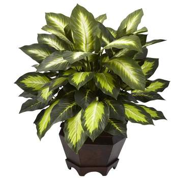 22" Artificial Triple Golden Dieffenbachia with Wood Vase - Nearly Natural