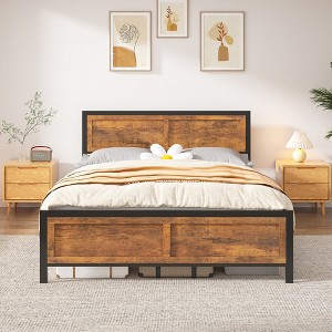 Vipbear Full/Queen Size Metal Platform Bed Frame with Wooden Headboard and Footboard,Mattress Foundation,No Box Spring Needed,Non-Slip Without Noise - 1 of 4