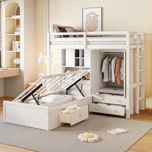 Twin Bunk Bed with Wardrobe and Drawers, Loft Bed Frame with Storage Shelves and Hydraulic Bed for Kids Adults - 1 of 4