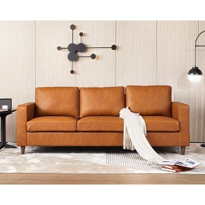 85"Modern Couch, Cognac Tan Pu Leather Sofa with Padded backrest, 3-Seater Sofa with Armrests and Comfy Cushions, Deep Seat Sofas for Living Room - 1 of 4