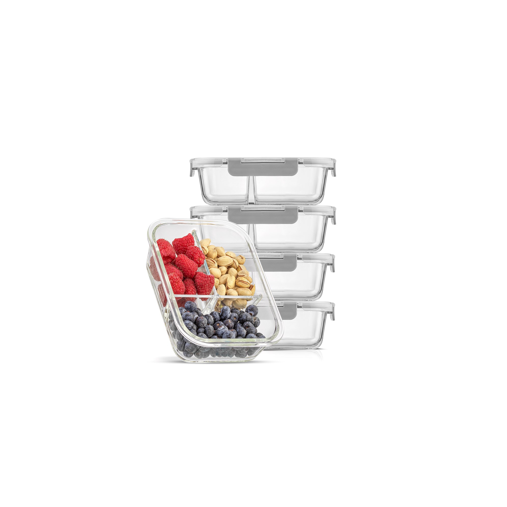 JoyJolt 3-Sectional Divided Food Prep Food Storage Containers with Lids - Set of 5 - Grey
