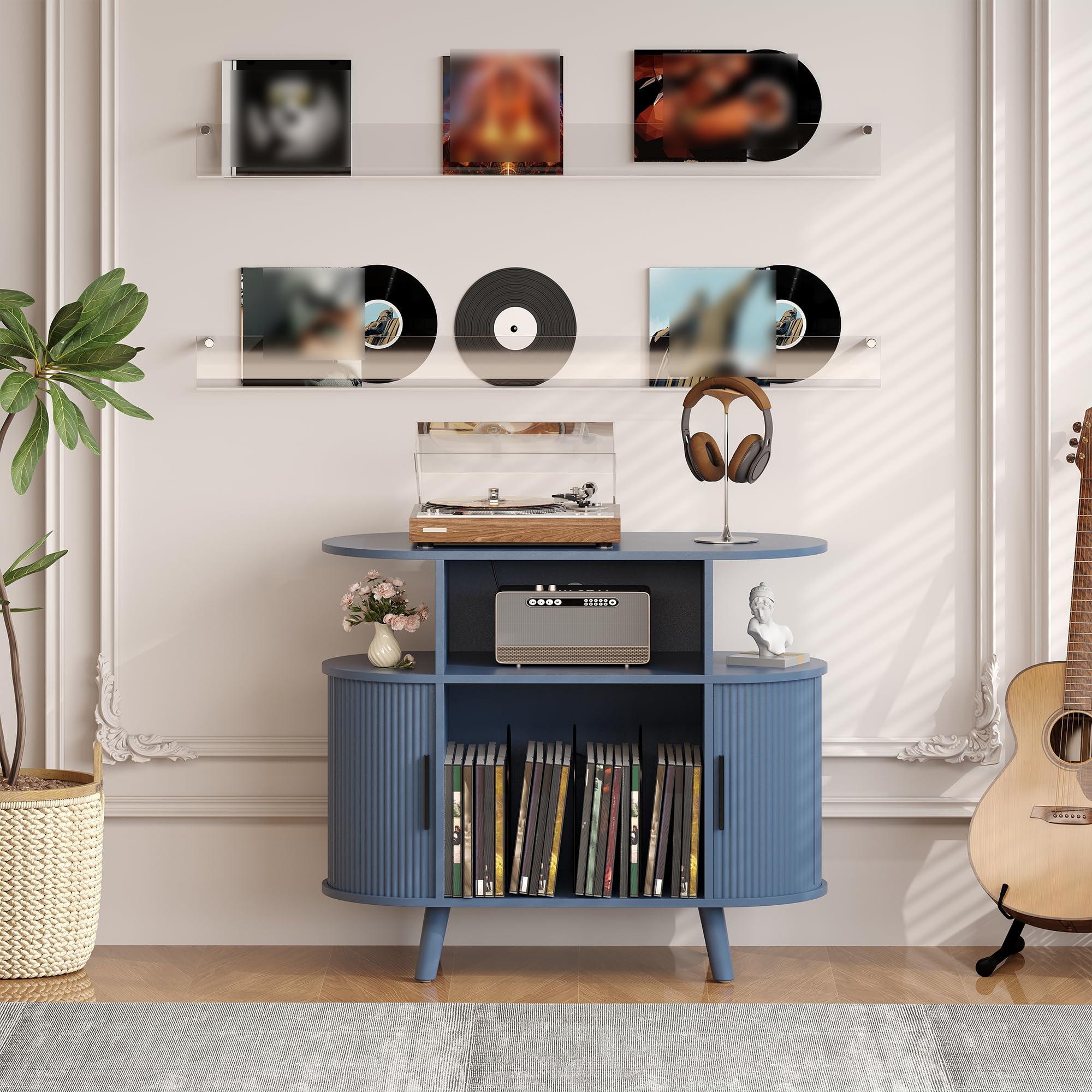35'' Fluted Record Player Stand - Modern Turntable Cabinet with Charging Station & Open Shelves, Wooden Record Player Table for Living Room, Blue
