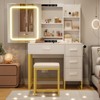 Modern White Vanity Desk, Small Make Up Vanity Table with Lighted Mirror, Charging Station, Drawers, Open Shelves & Stool, Compact Dressing Table for - 3 of 4
