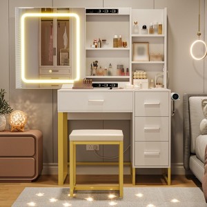 Modern Vanity Desk,Makeup Vanity Desk with Sliding Lighted Mirror, Power Outlet,with 4 Drawers,5 Storage Shelves,Cushioned Stool for Bedroom-White - 1 of 4