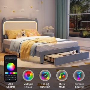 Bed Frame with LED Lights & Cat Headboard, Velvet Upholstered Platform Bed, No Box Spring Needed, App/Remote Control - 1 of 4