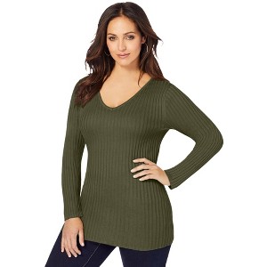 Jessica London Women's Plus Size V-Neck Ribbed Sweater - 1 of 4
