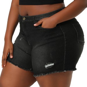 Agnes Orinda Women's Plus Size Ripped Distressed Denim High Waisted Stretched Raw Hem Summer Jean Shorts with Pocket - 1 of 4