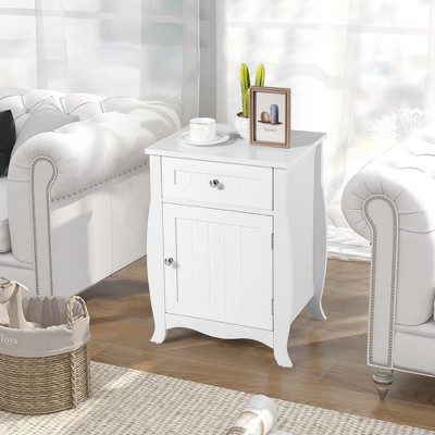 White MDF Nightstand with Drawer and Curved Legs
