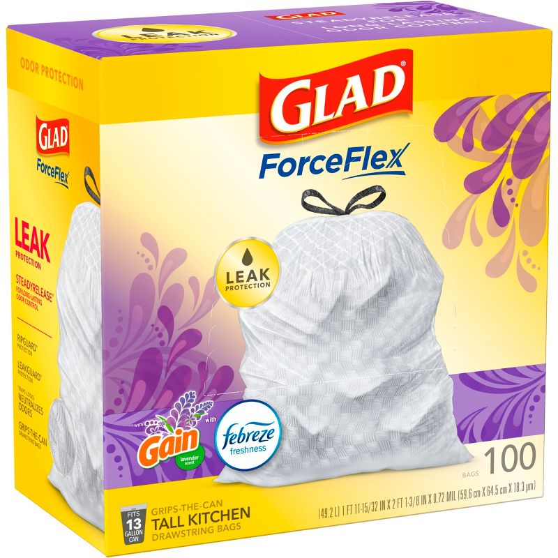 Glad ForceFlex Tall Kitchen Drawstring Trash Bags - Febreze Lavender - 13 Gallon, 3 of 11