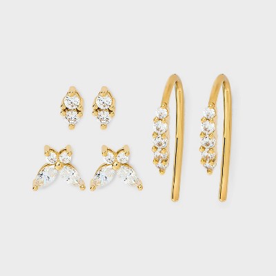 14K Gold Dipped Cubic Zirconia Stud and Hoop Earring Set 3pc