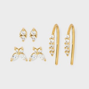 14K Gold Dipped Cubic Zirconia Stud and Hoop Earring Set 3pc - 1 of 3