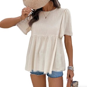 Womens Lace Trim Round Neck Short Sleeve Babydoll Blouse Shirts - 1 of 4