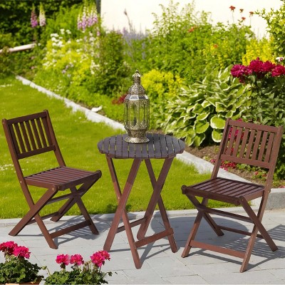 3-Piece Acacia Wood Foldable Table And Chairs, Outdoor Bistro Set, Round Folding Table with 2 Chairs, Collapsible Patio Chat Set – Cuddlewood