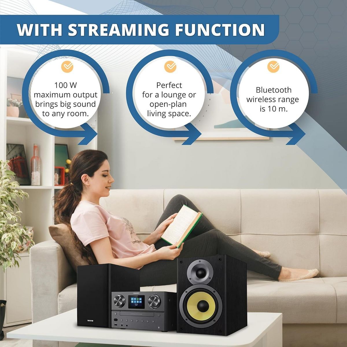 PHILIPS Bluetooth & Wi-Fi Stereo System with CD Player, Spotify Connect, Internet Radio, FM Radio, MP3/USB Playback, Rich Bass, Hi-Fi Speakers, 100W - thumbnail 2