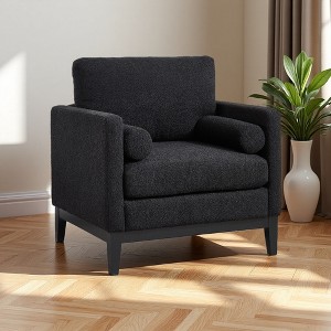 35.4" Boucle Wide Farmhouse Armchair with Wood Legs and Bolster Pillows - 1 of 3