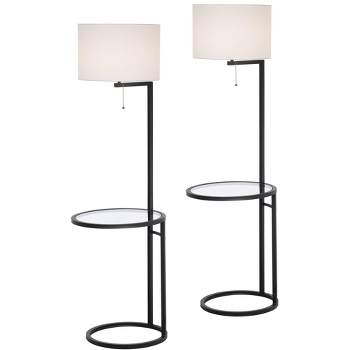360 Lighting Space Saver Modern Floor Lamps with Tray Table 62" Tall Set of 2 Black Metal White Fabric Drum Shade for Living Room Bedroom Office House