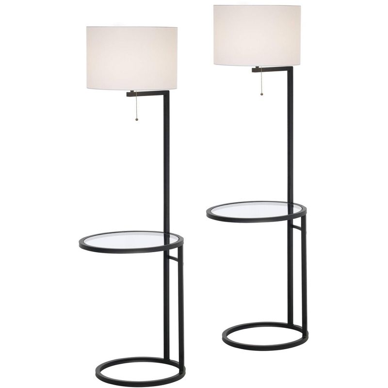 360 Lighting Space Saver Modern Floor Lamps with Tray Table 62" Tall Set of 2 Black Metal White Fabric Drum Shade for Living Room Bedroom Office House, 1 of 7