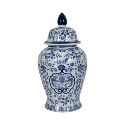 Sagebrook Home 18" Ceramic Temple Jar with Lid - Contemporary Vintage Style Blue and White Chinoiserie Floral Design