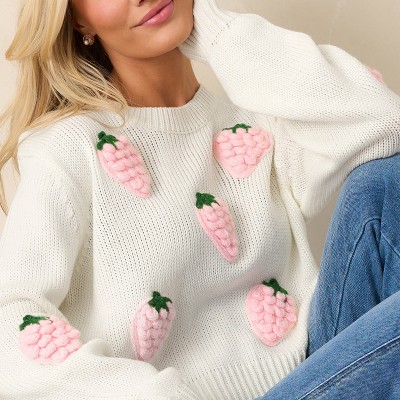 Women's Round Neck Long Sleeve Knit Sweater with Strawberry Embroidery Pullover Top,XL,Apricot