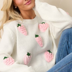 Women's Round Neck Long Sleeve Knit Sweater with Strawberry Embroidery Pullover Top,XL,Apricot - 1 of 3