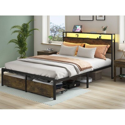 Streamdale Vintage Queen Bed Frame with LED and Charging - No Box Spring Needed, Rustic Wood