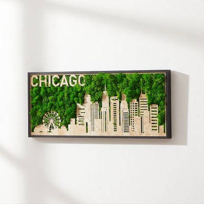 PAGED New York Moss City Silhouette Metal Wall Art for Living Room, Iconic Landmarks Preserved Moss Wall Decor, Framed Wall Art, Vibrant Hanging Frame
