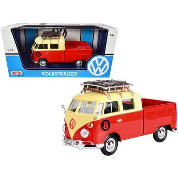 Volkswagen Type 2 (T1) #8 Pickup Truck with Roof Rack and Luggage Red and Yellow 1/24 Diecast Model Car by Motormax