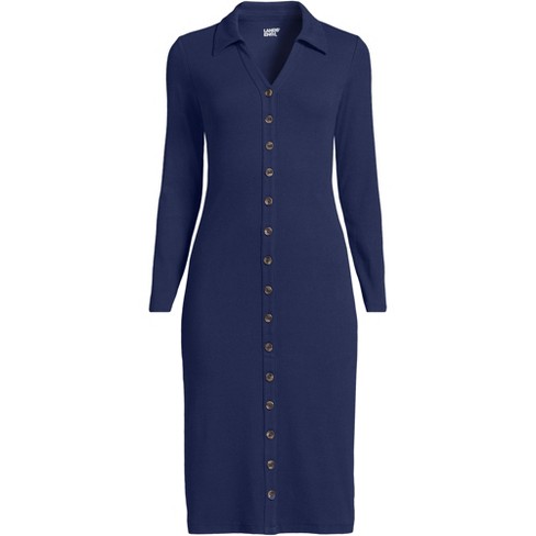 Lands End Women s Knit Rib Button Front Dress Medium Deep Sea Navy