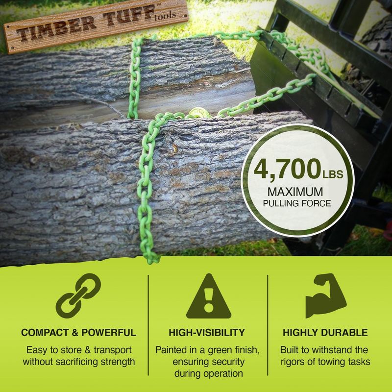Timber Tuff 15 Foot 4,700 Pound Maximum Pulling Force Choker Chain with Probe Stake for ATVs, UTVs, and Lawn Tractors, High Visibility Green, 2 of 7