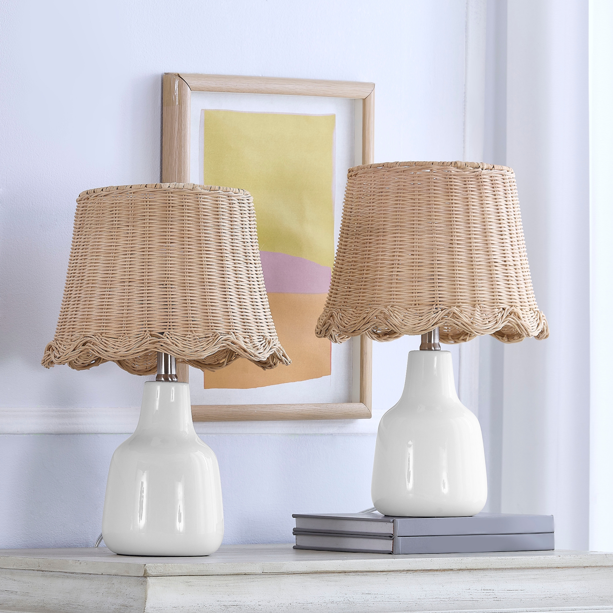 Maxax Ceramic Table Lamp set of 2, 15" White Bedside Lamp Set with Natural Rattan Woven Shade，Boho Nightstand Lamp for Bedroom, Living Room, Office