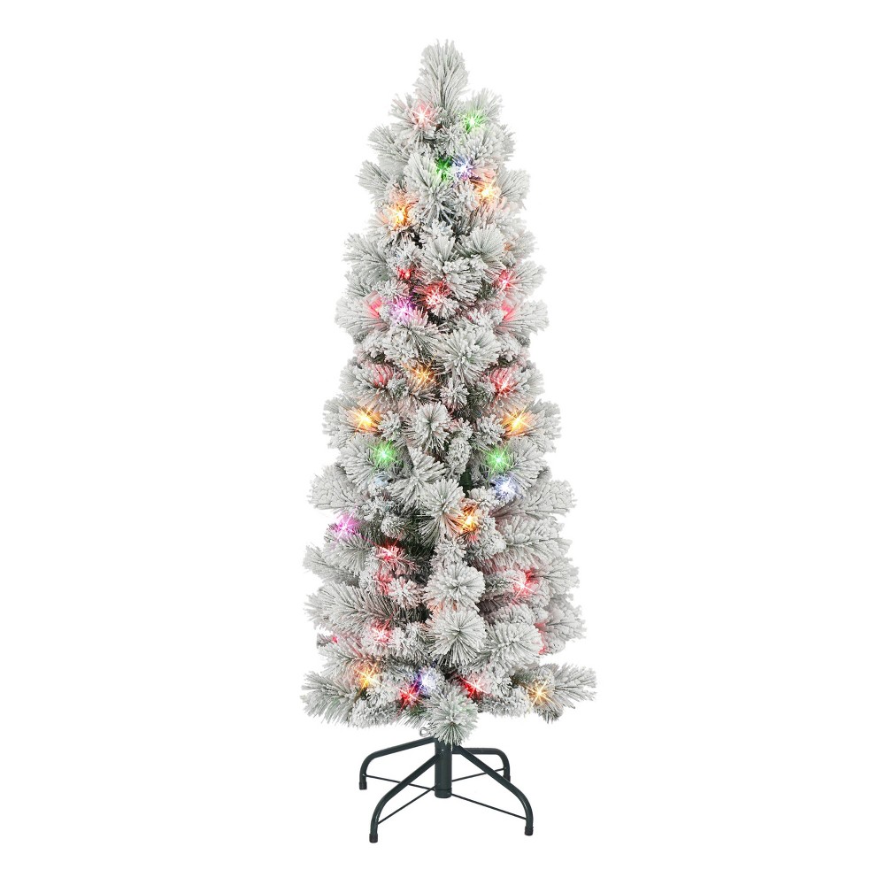 Photos - Garden & Outdoor Decoration Puleo 4.5' Pre-Lit Flocked Pencil Portland Pine Artificial Christmas Tree Multicolor Lights 