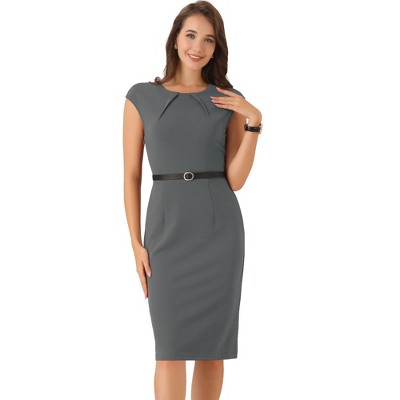 INSPIRE CHIC Women's Elegant Business Round Neck Belted Cap Sleeve Work Sheath Dresses