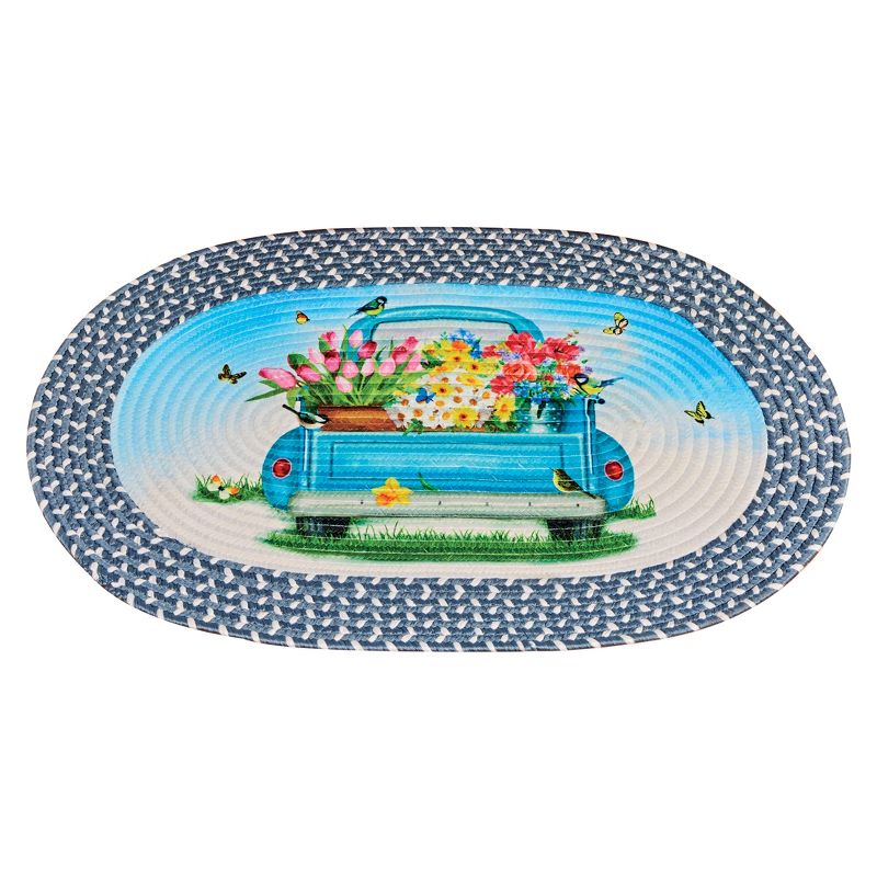 Collections Etc Blue Spring Truck with Beautiful Flowers Braided Rug 30" x 19.5", 1 of 3