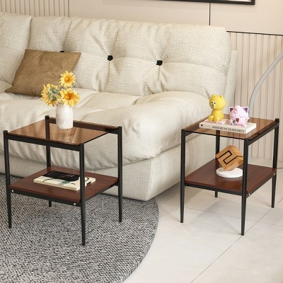 Set of 2 Modern Rectangle Side Tables, Tempered Glass Top with MDF Layer and Iron Frame, End Tables for Living Room or Bedroom – Cuddlewood
