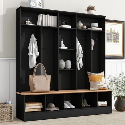 Wide Design Hall Tree with Storage Bench, Minimalist Shoe Cabinet with Cube Storage & Shelves, Multifunctional Coat Rack with 8 Hooks for Entryways