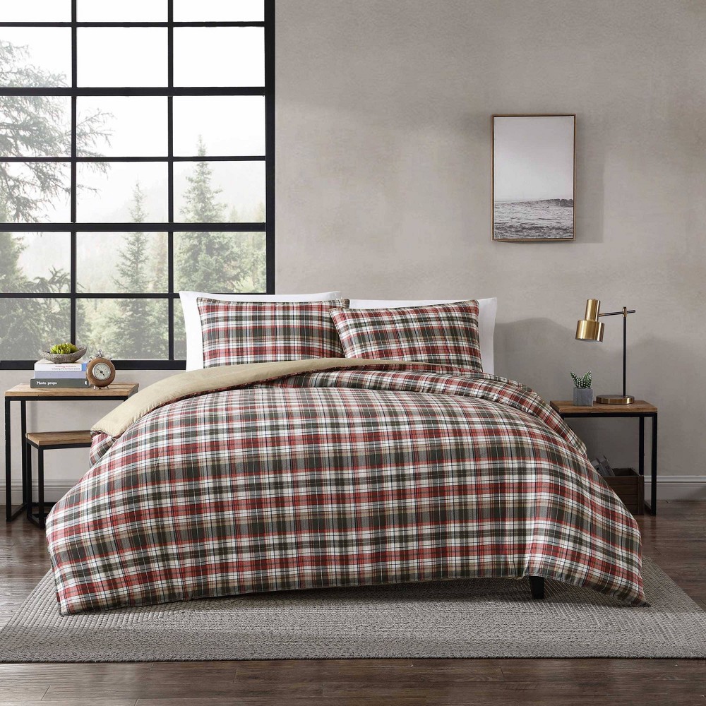 Photos - Bed Linen Eddie Bauer Full/Queen Astoria Plaid 100 Microfiber Duvet Set Red: Includes 2 Shams, Hidden Button Closure 