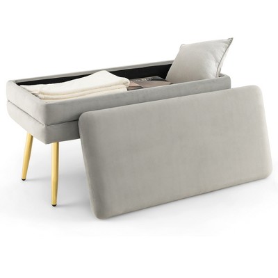 Grey Velvet Upholstered Storage Bench with Gold Metal Legs