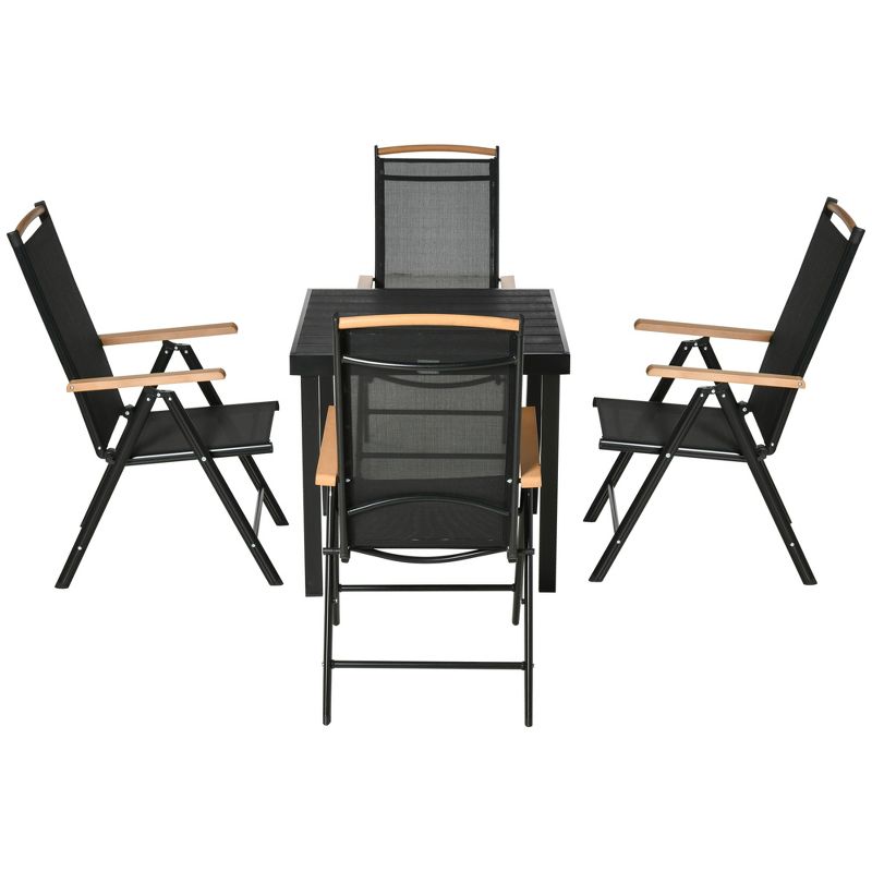 Outsunny 5 Piece Outdoor Furniture Patio Dining Set For 4, Square Outdoor Dining Table, Adjustable Reclining Folding Chairs, Black, 4 of 7