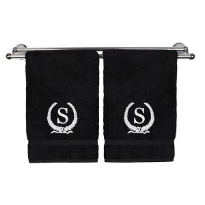 BC BARE COTTON Monogrammed Hand Towel, 100% Turkish Cotton - Set of 2 - Black - White Wreath - 1 of 4