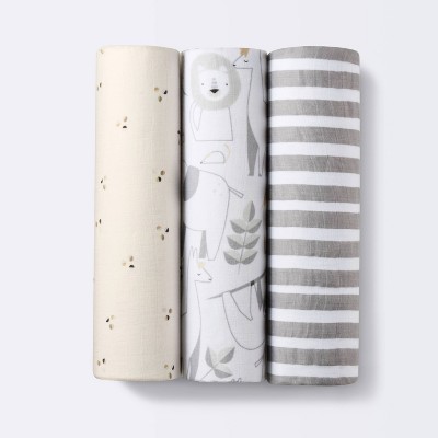 Image of Muslin Swaddle Blanket Animals 3pk - Cloud Island™ Tan/Gray
