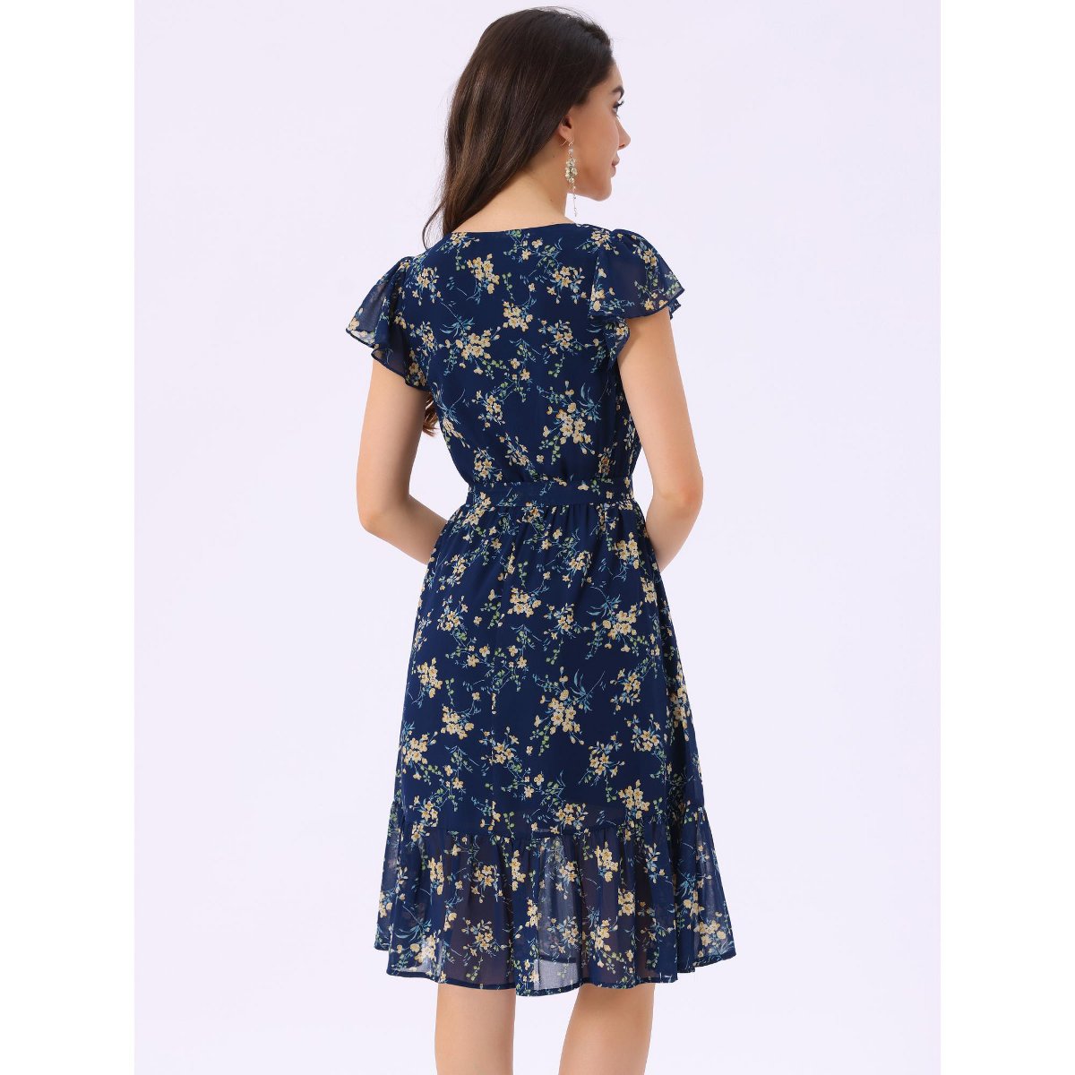 Женские платья INSPIRE CHIC Women's Floral Chiffon Flutter Sleeve Belted Square Neck Ruffled Hem Dress Blue Large — фото 4