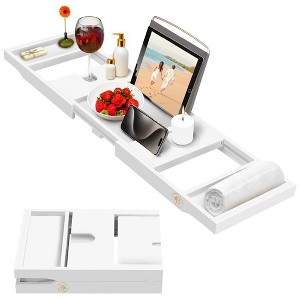 Bathtub Tray for Tub - Bamboo Expandable Bath Tray with Wine, Book & Tablet Holder - Luxurious Tub Tray, Bath Caddy, Foldable, Christmas Gift - 1 of 4